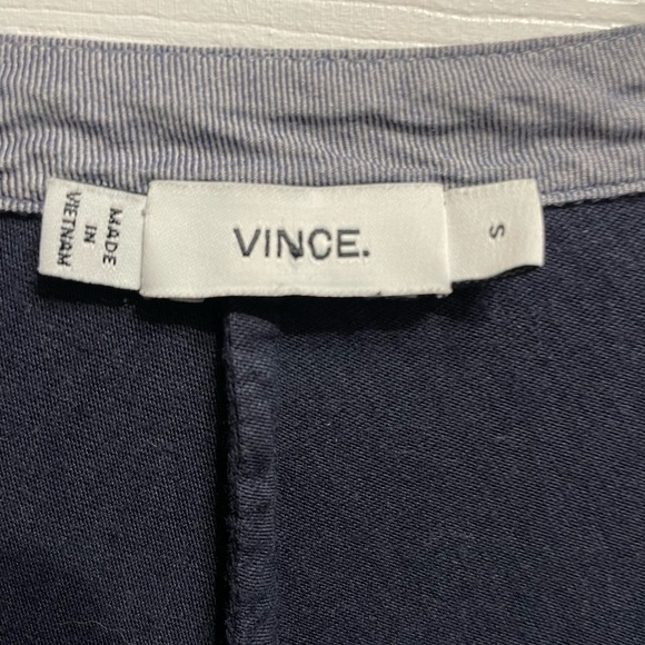 Vince Women’s Mixed Media Tuxedo Tunic Top Navy Blue Mandarin Collar Small - Picture 3 of 8